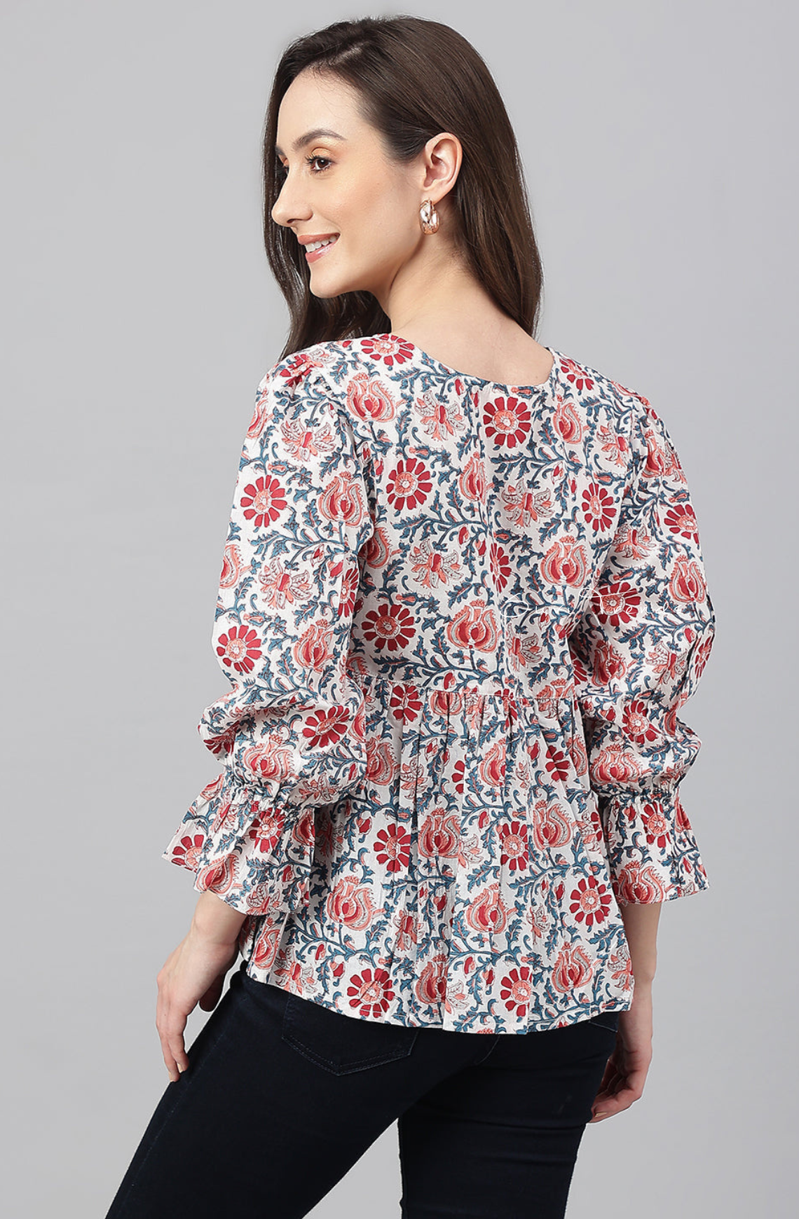 Pure Cotton Floral Printed Flared Top - White