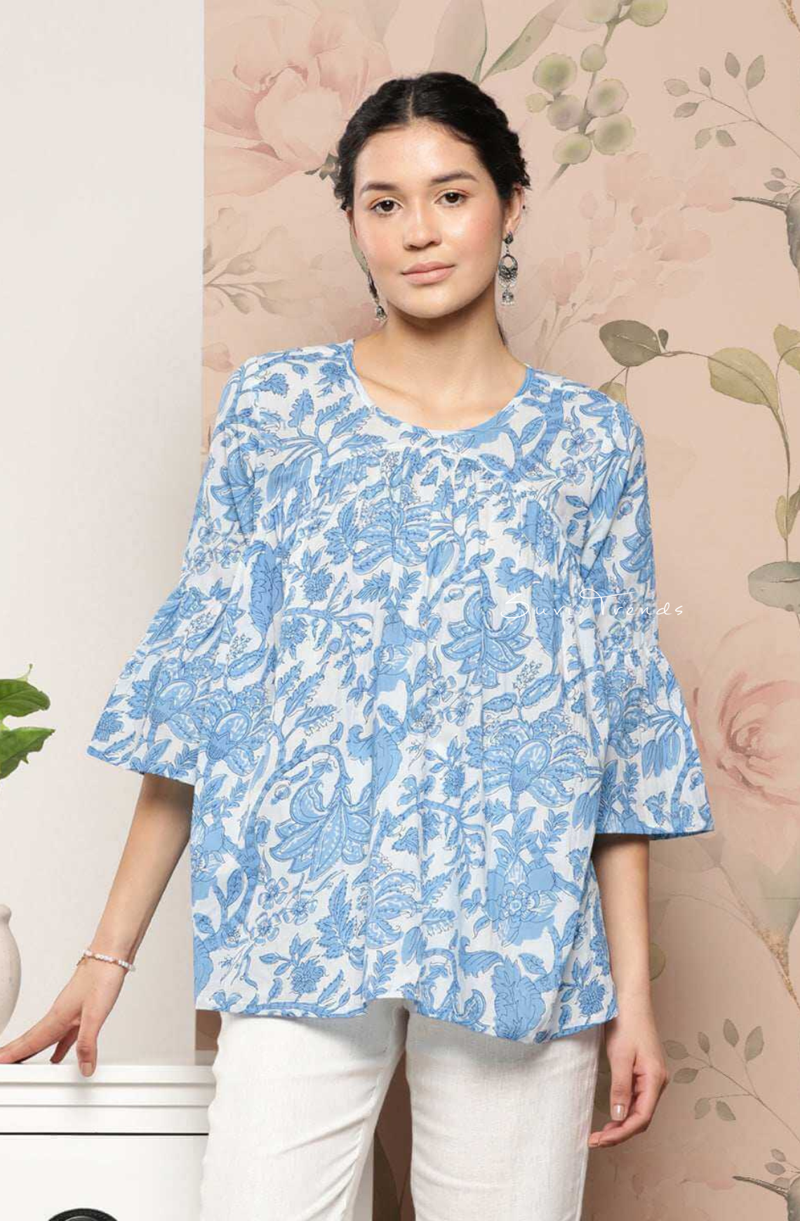 Pure Cotton Floral Printed Tiered Top - White
