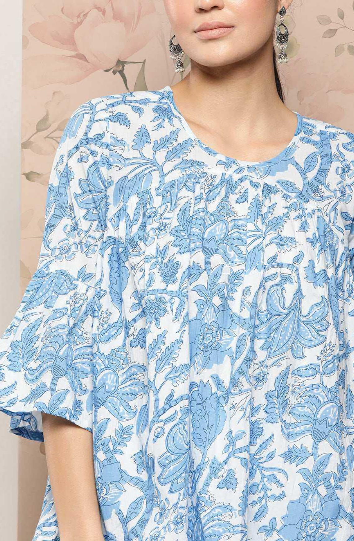 Pure Cotton Floral Printed Tiered Top - White