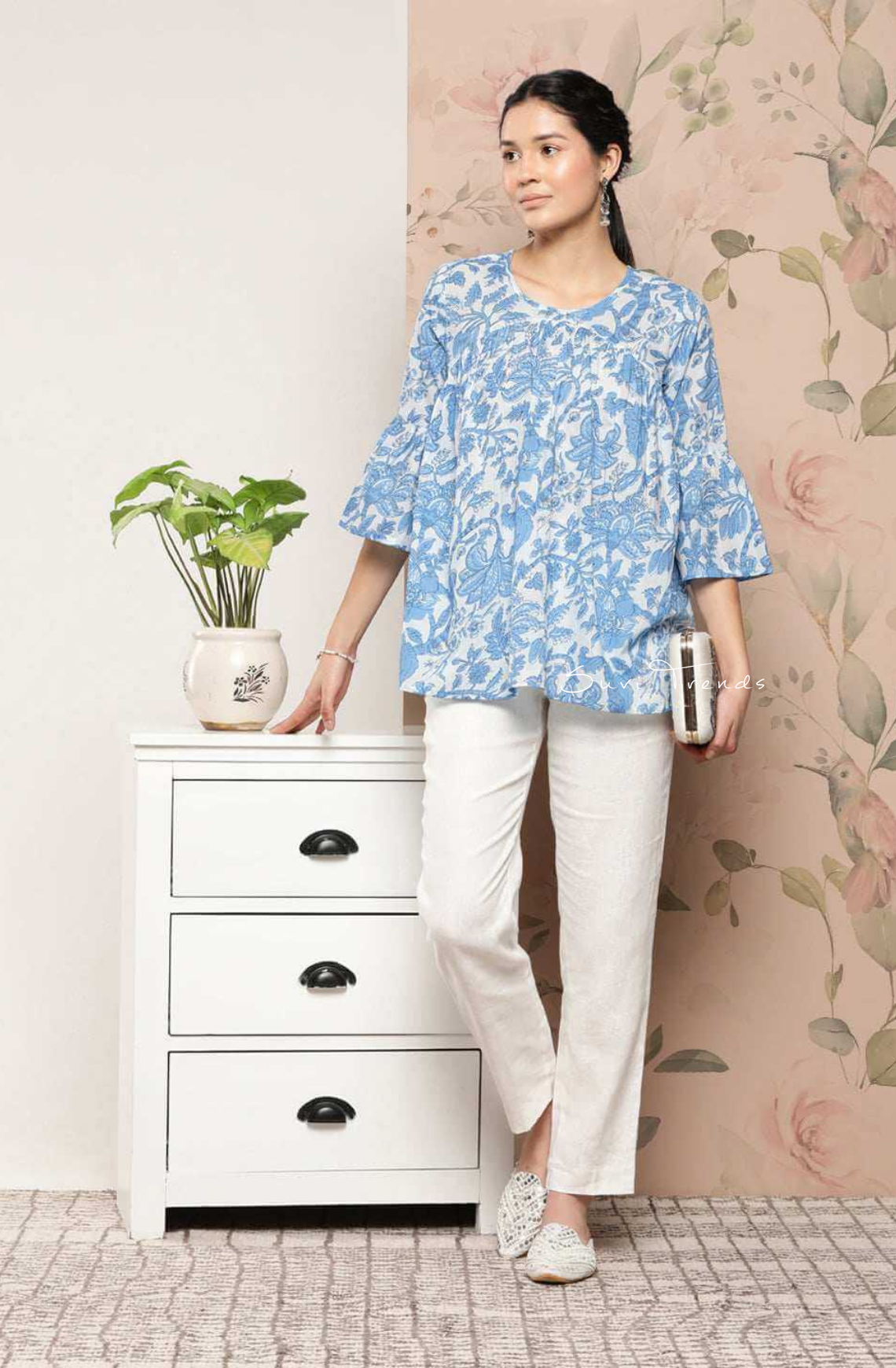 Pure Cotton Floral Printed Tiered Top - White