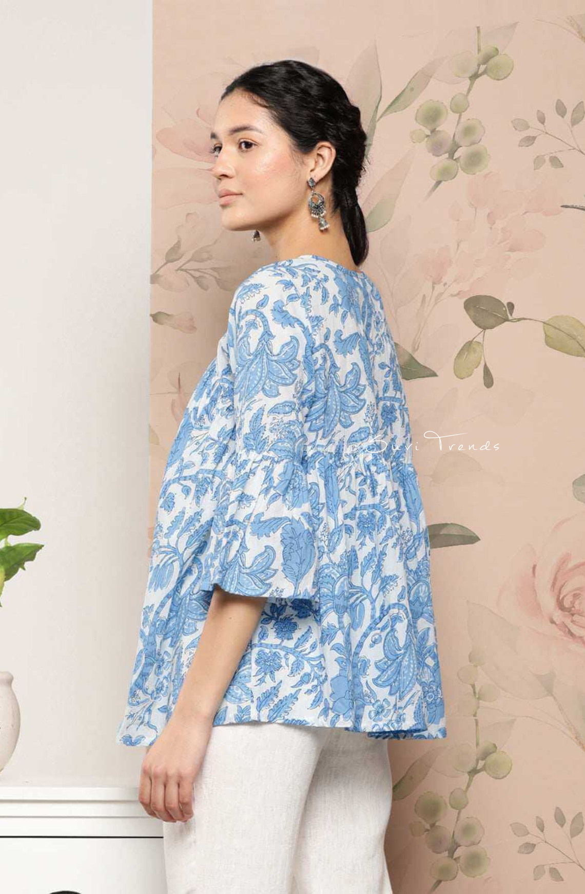 Pure Cotton Floral Printed Tiered Top - White