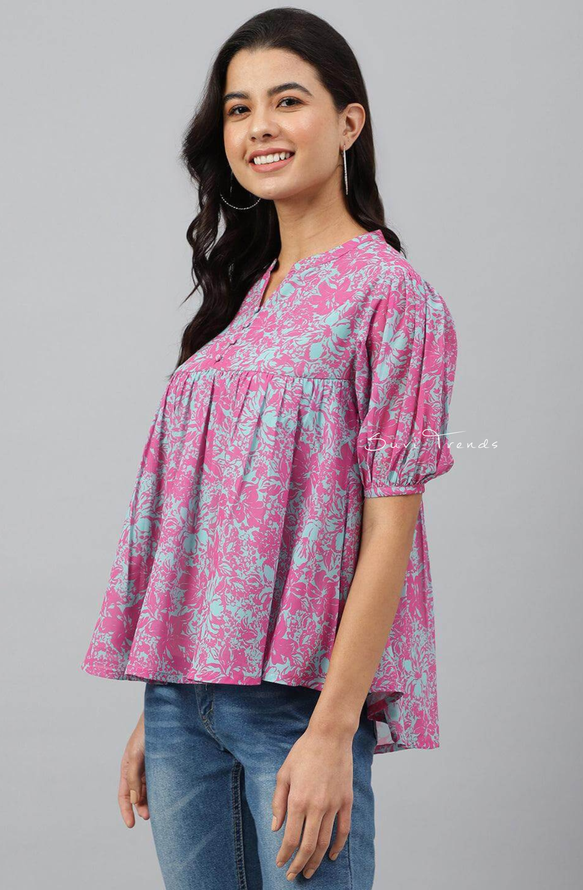 Georgette Digital Printed Flared Top Top - Pink