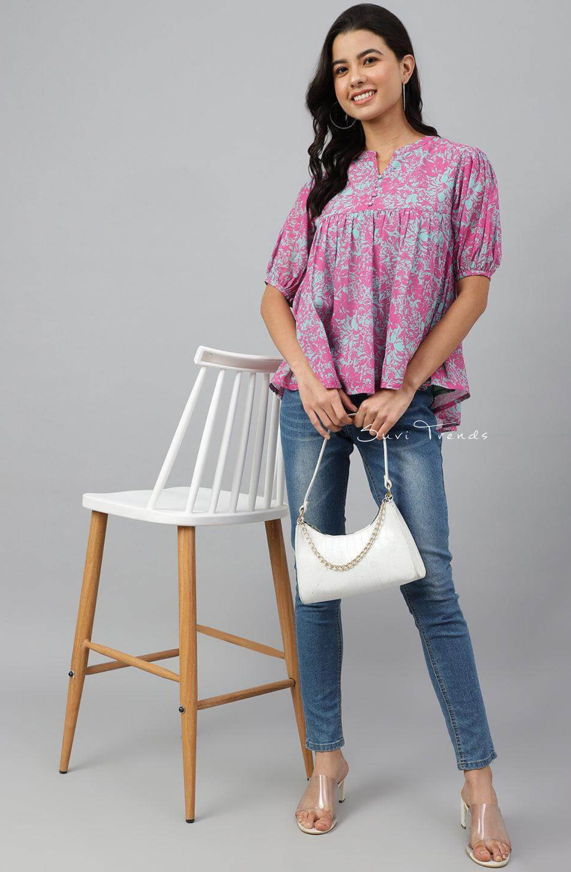 Georgette Digital Printed Flared Top Top - Pink