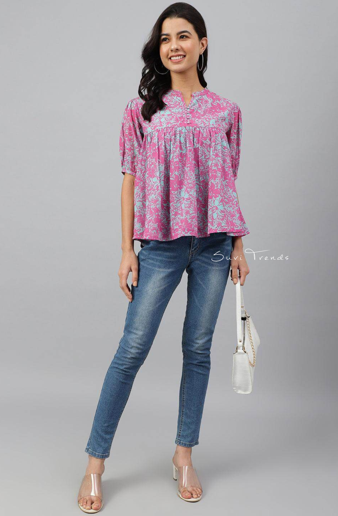 Georgette Digital Printed Flared Top Top - Pink