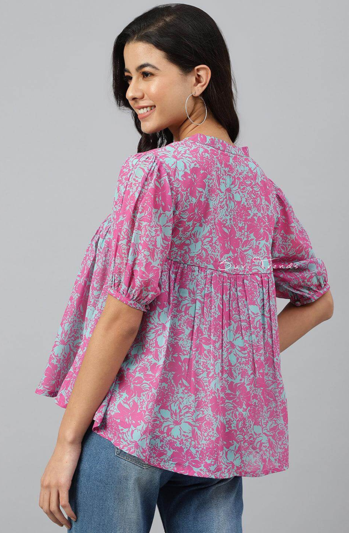 Georgette Digital Printed Flared Top Top - Pink