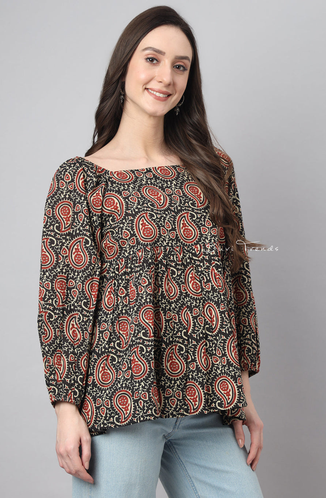 Pure Cotton Paisley Printed Gathered Top - Black