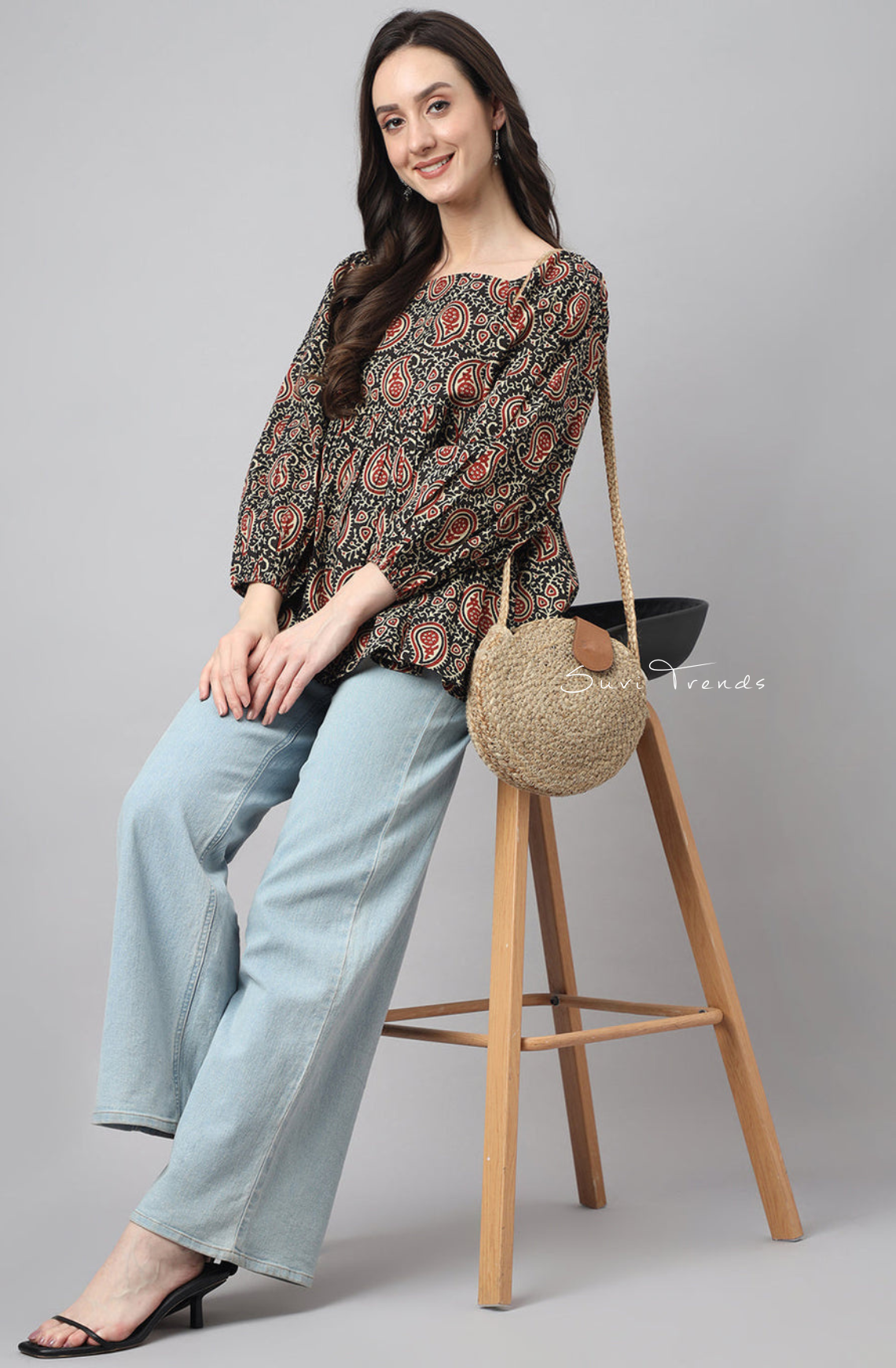 Pure Cotton Paisley Printed Gathered Top - Black