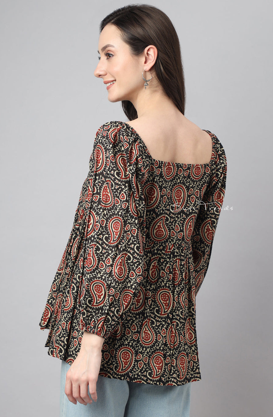 Pure Cotton Paisley Printed Gathered Top - Black