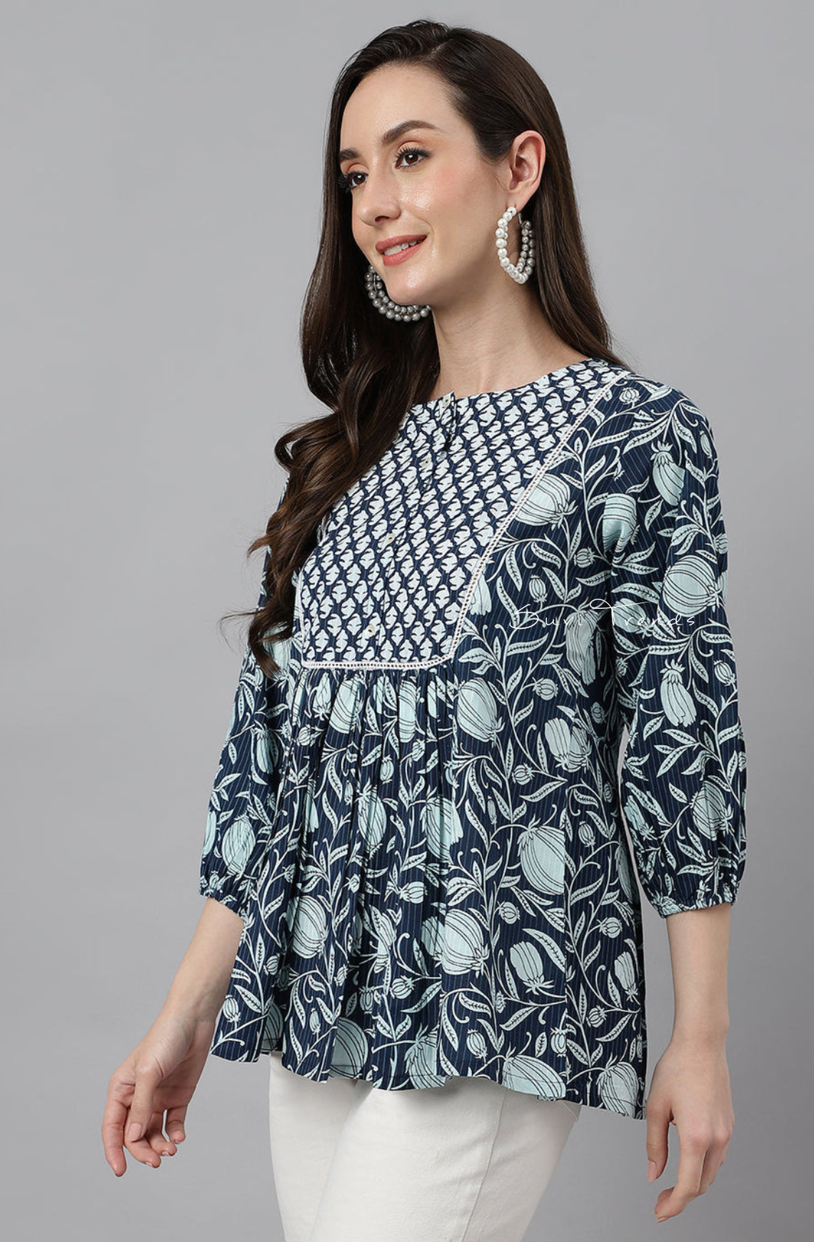 Pure Cotton Floral Printed Gathered Top - Navy Blue