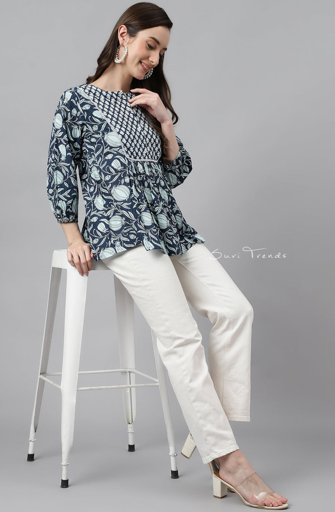 Pure Cotton Floral Printed Gathered Top - Navy Blue