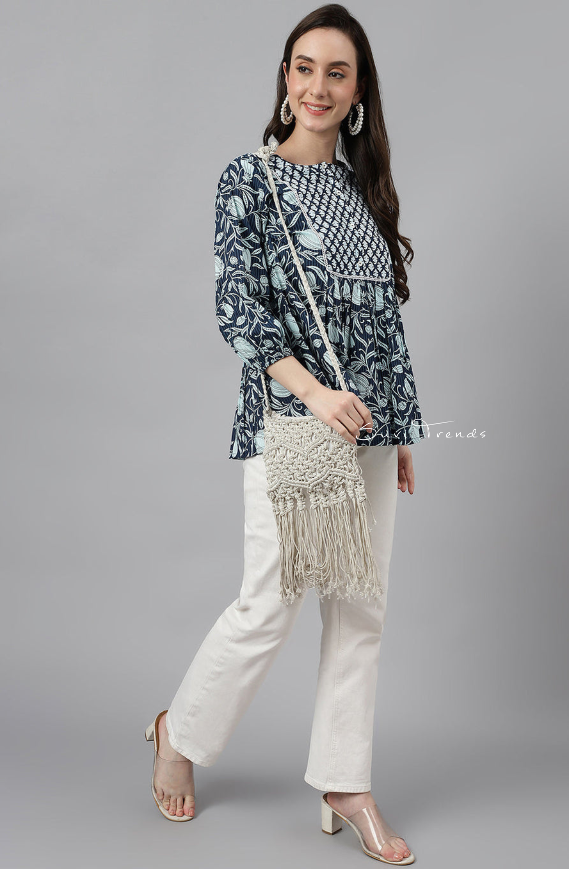 Pure Cotton Floral Printed Gathered Top - Navy Blue