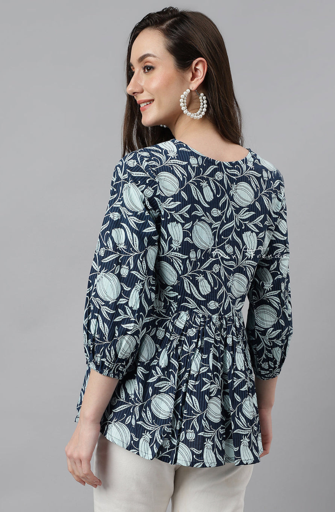 Pure Cotton Floral Printed Gathered Top - Navy Blue