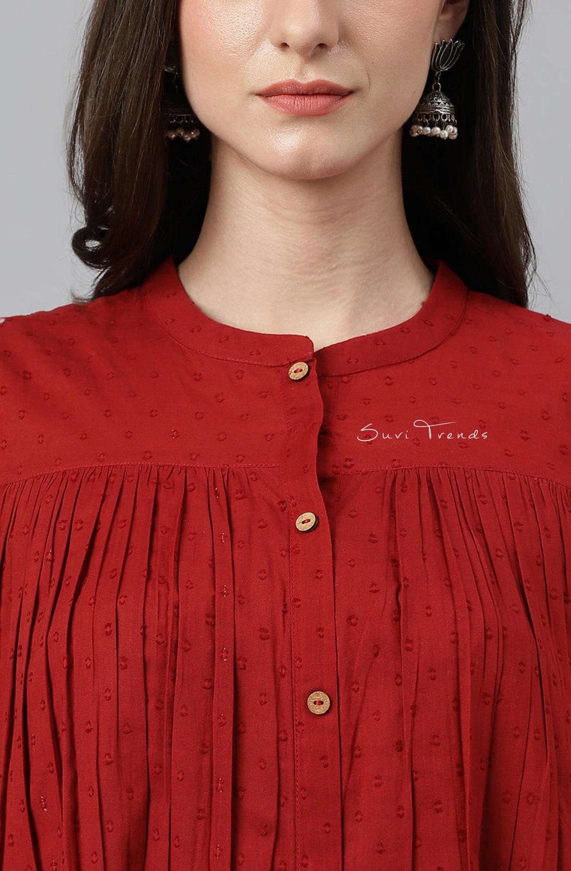 Dobby Cotton Solid Gathered Top - Maroon
