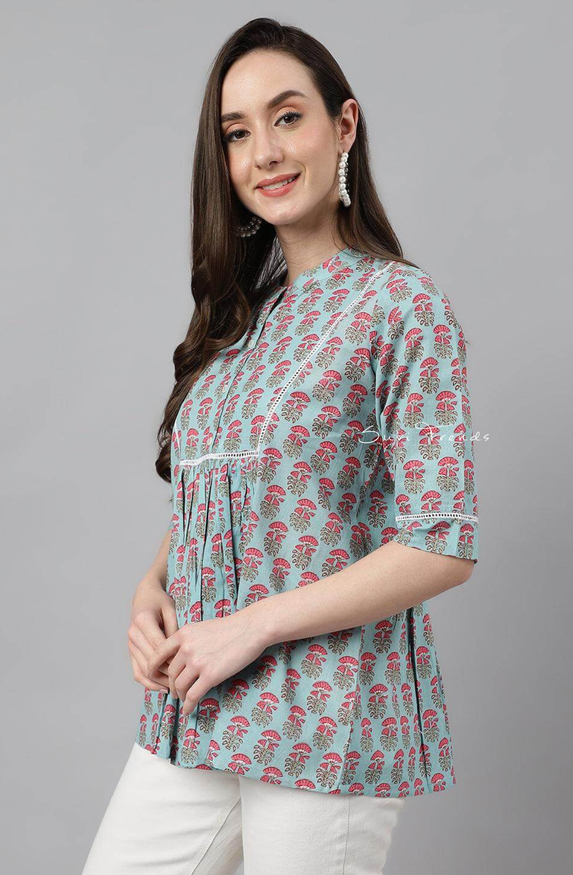 Cotton Block Printed A-Line Top - Aqua