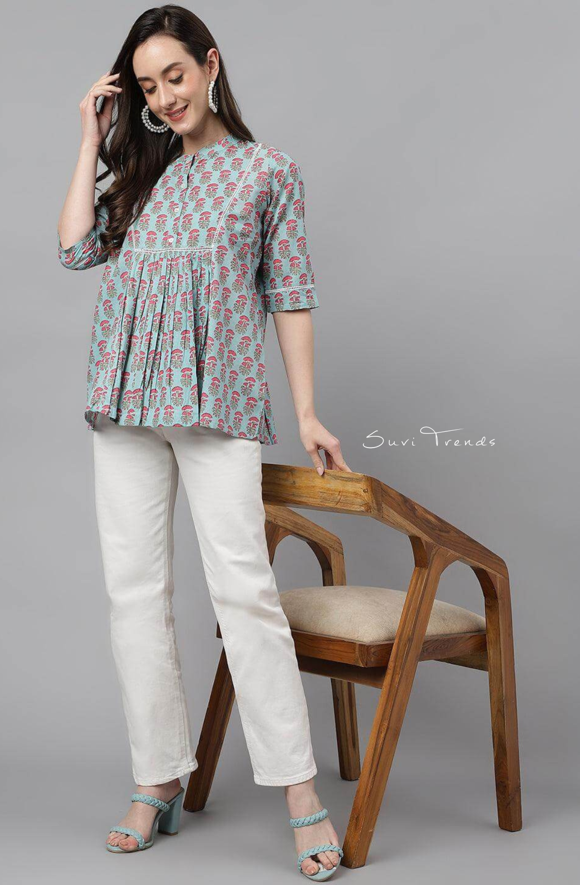 Cotton Block Printed A-Line Top - Aqua