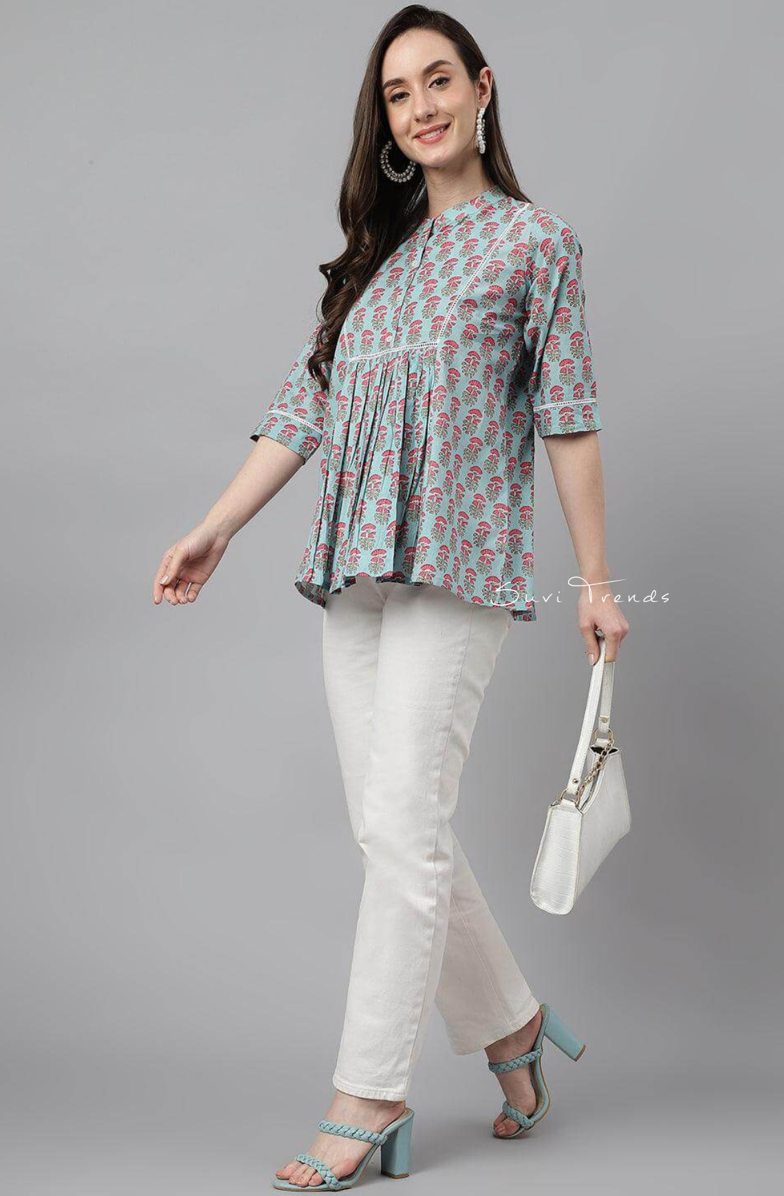 Cotton Block Printed A-Line Top - Aqua