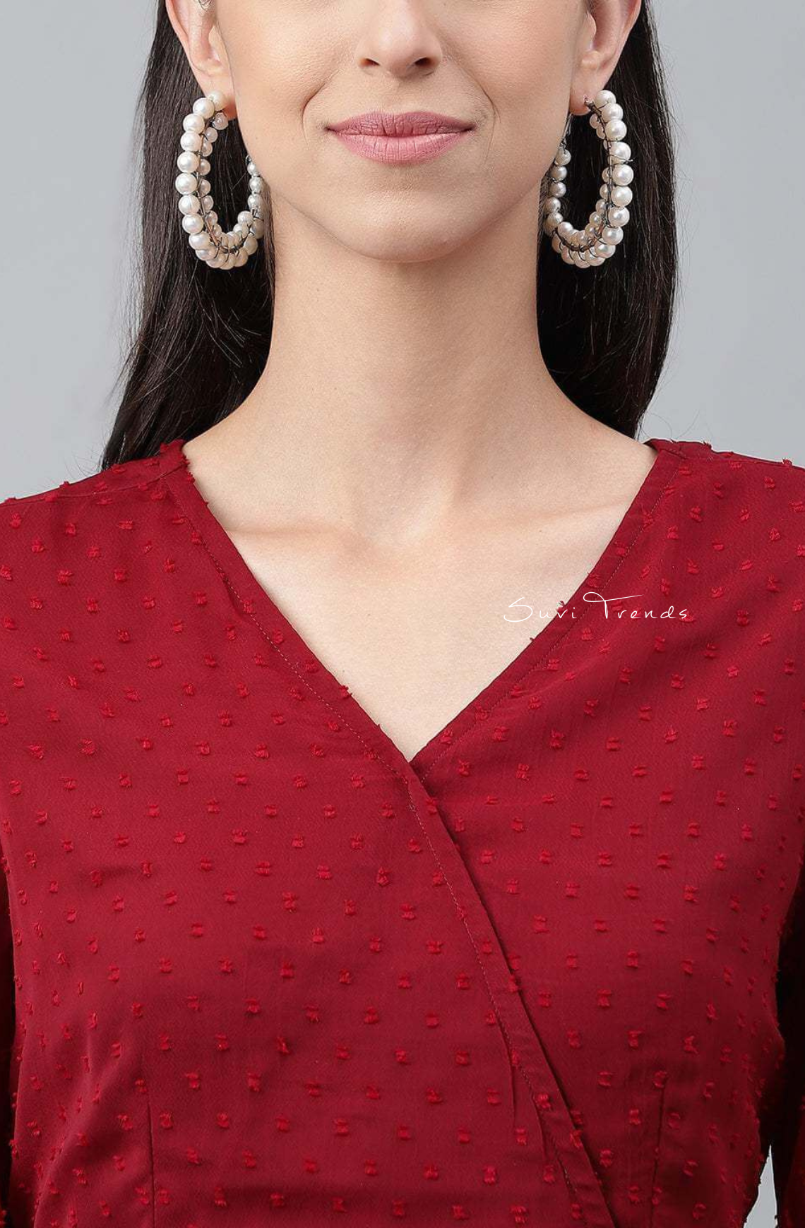 Dobby Chiffon Solid Peplum Top - Maroon