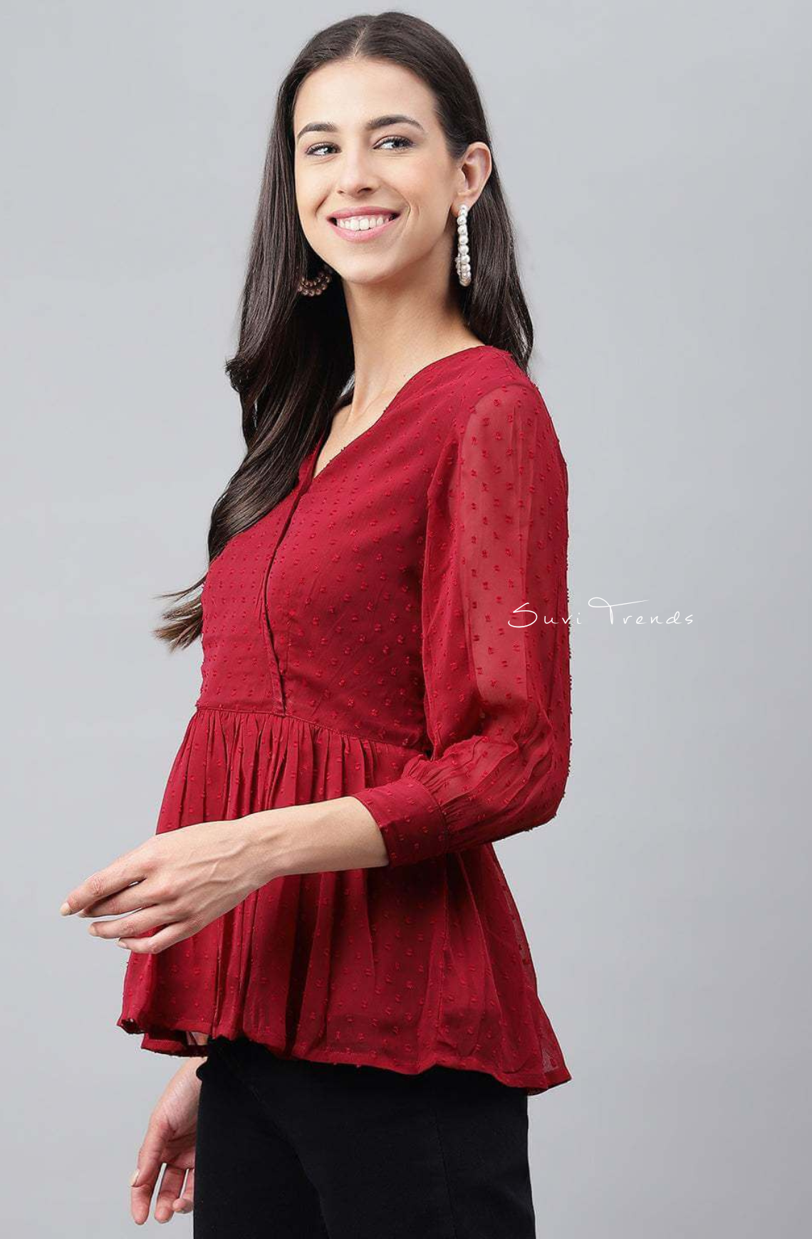 Dobby Chiffon Solid Peplum Top - Maroon