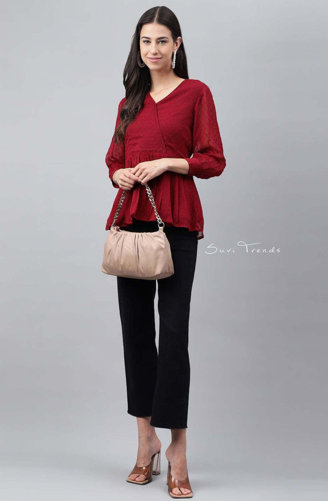 Dobby Chiffon Solid Peplum Top - Maroon