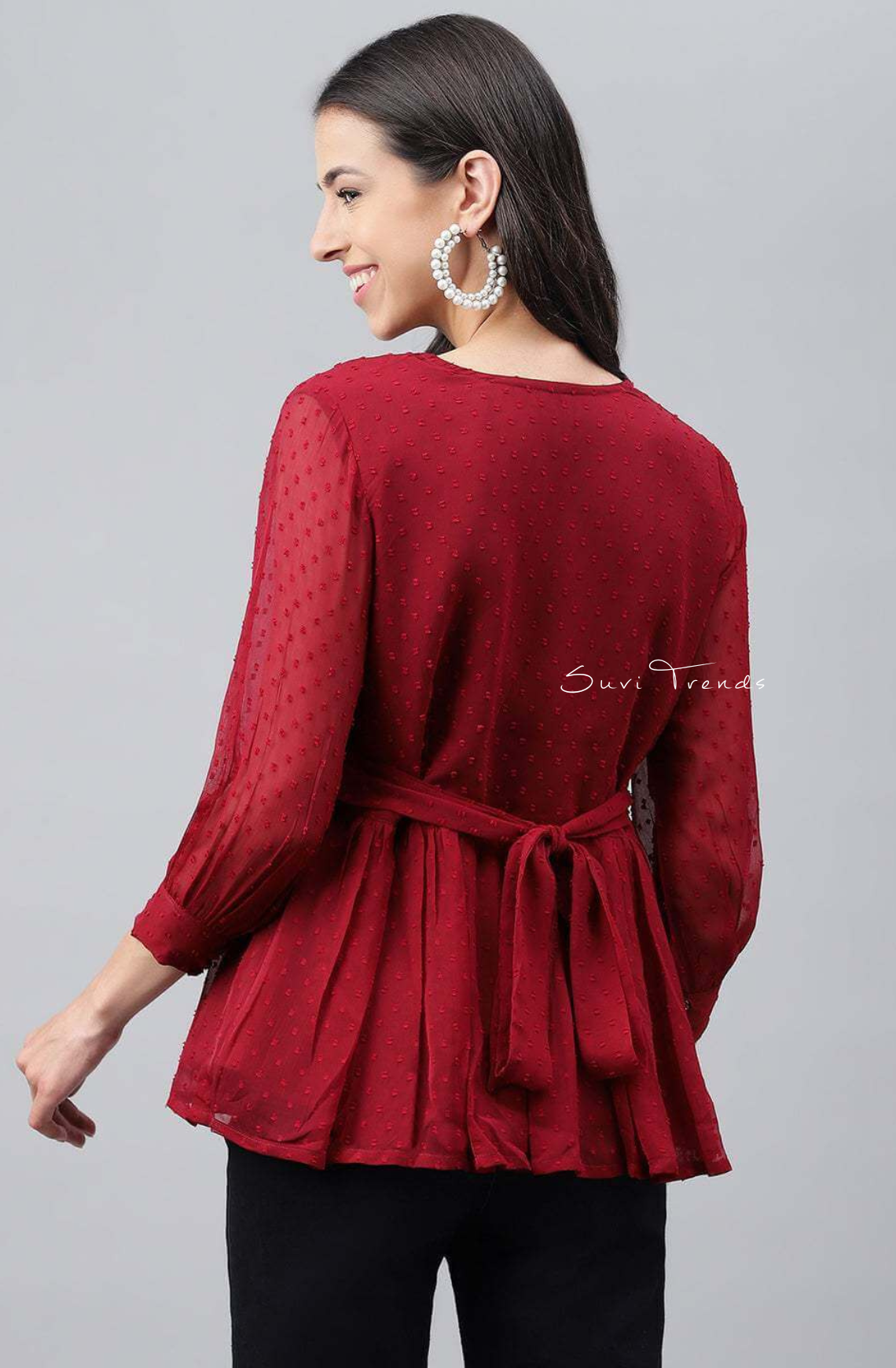 Dobby Chiffon Solid Peplum Top - Maroon