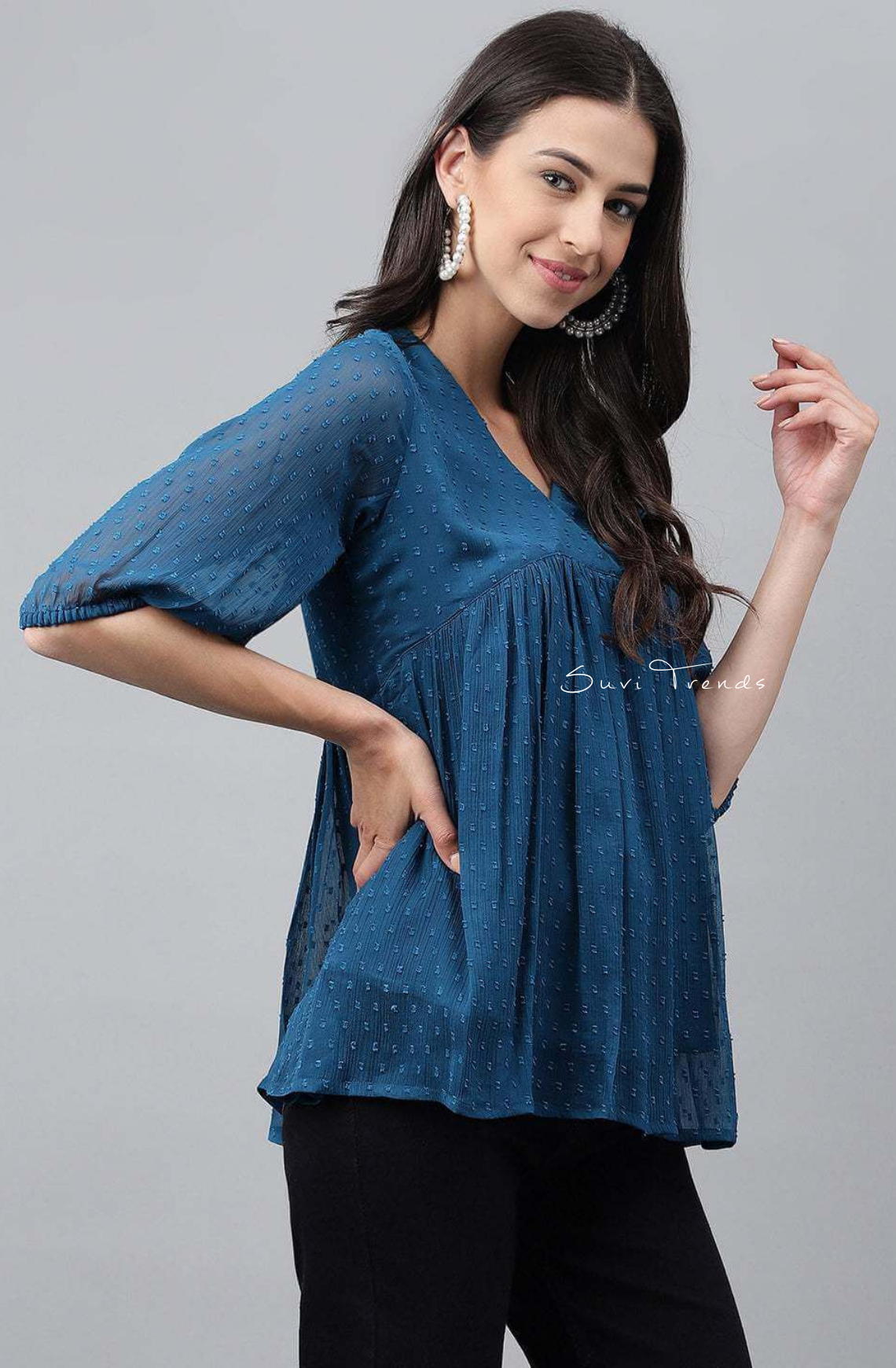 Dobby Chiffon Solid Empire Top - Teal Blue