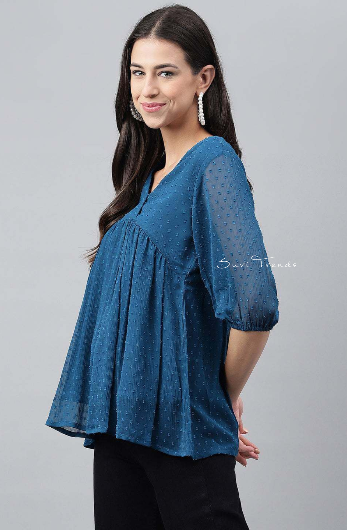 Dobby Chiffon Solid Empire Top - Teal Blue