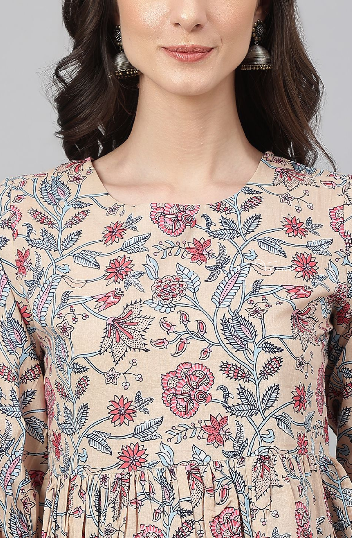 Pure Cotton Floral Printed Peplum Top - Beige