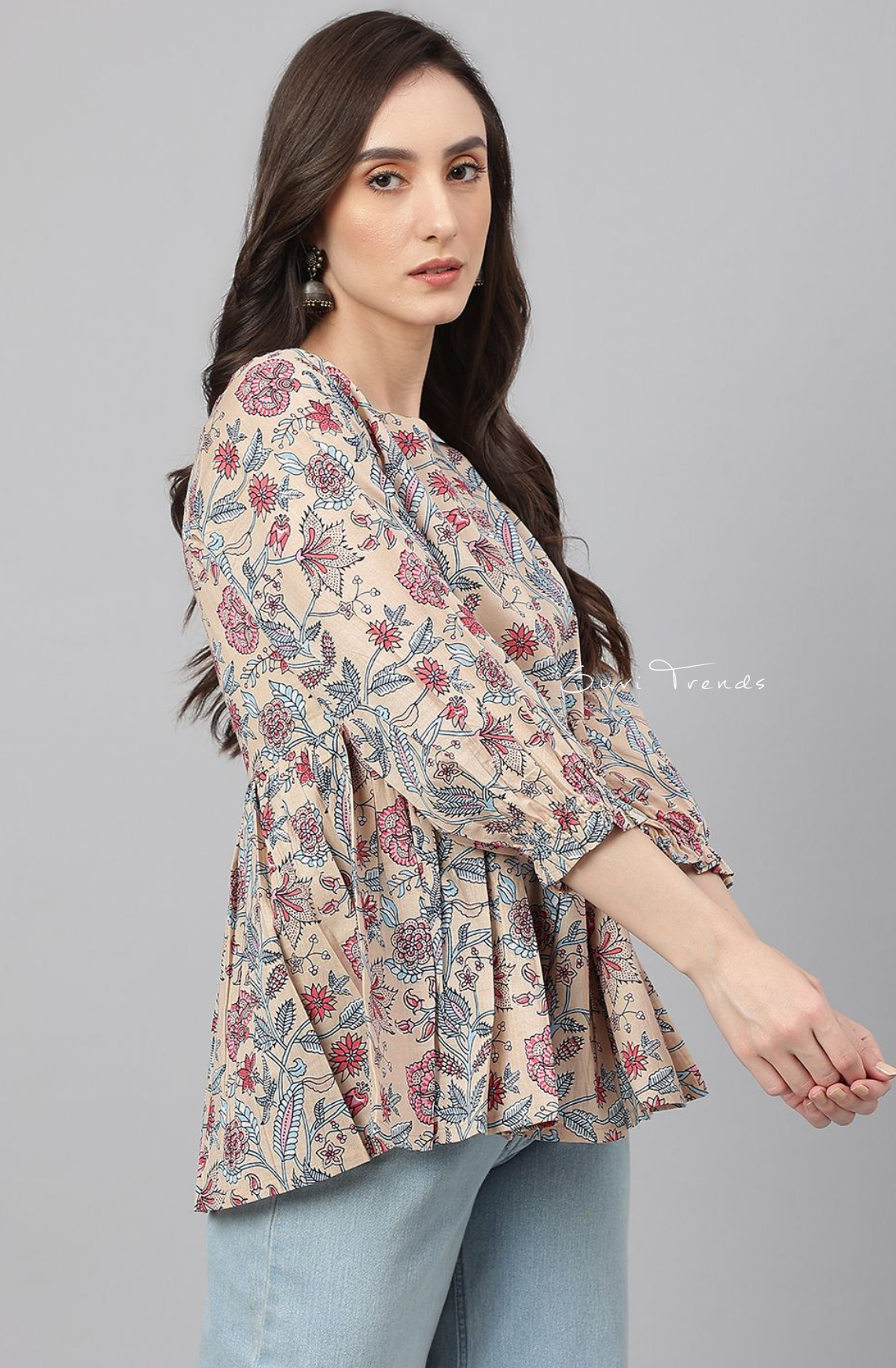 Pure Cotton Floral Printed Peplum Top - Beige