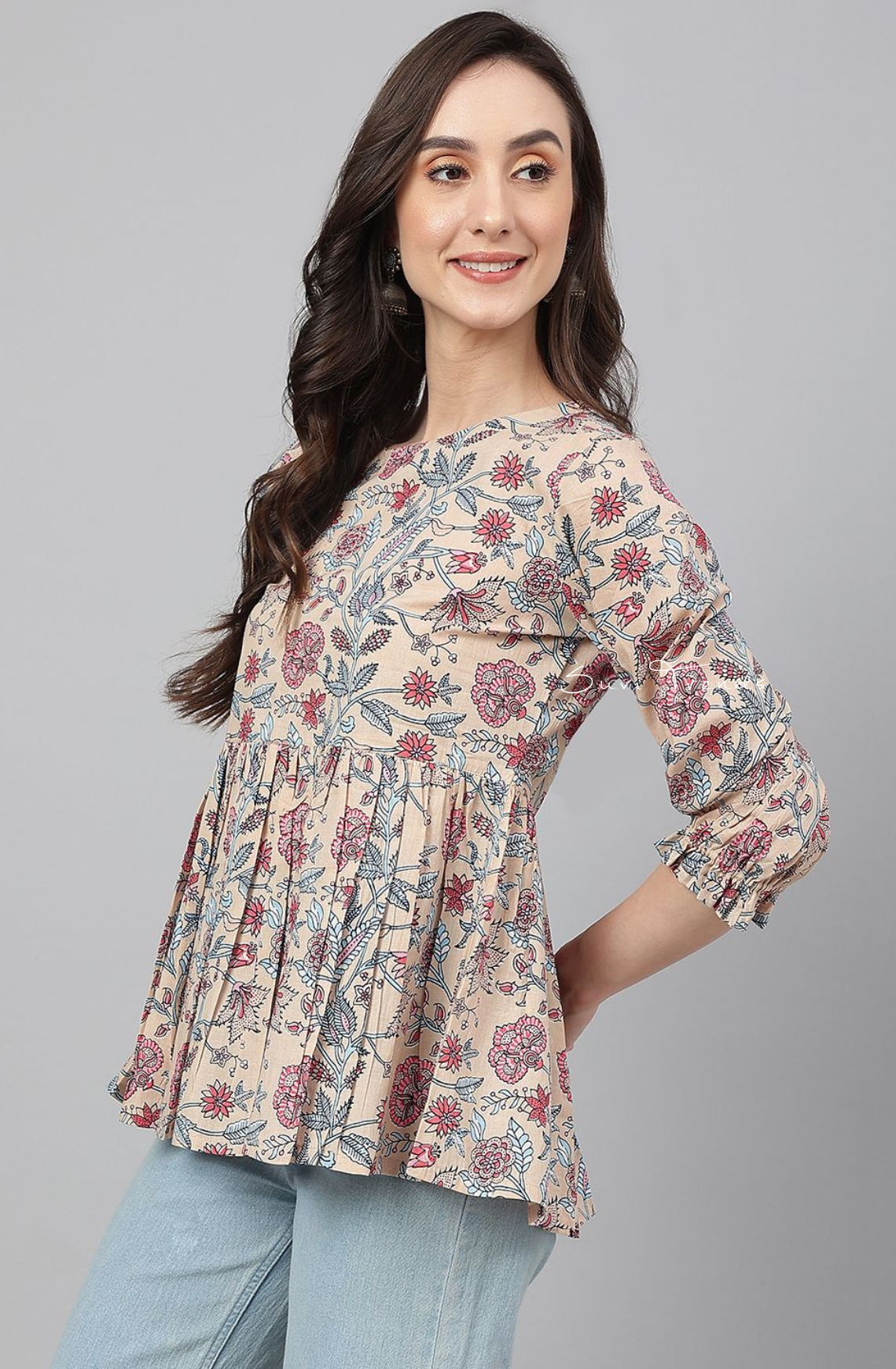 Pure Cotton Floral Printed Peplum Top - Beige