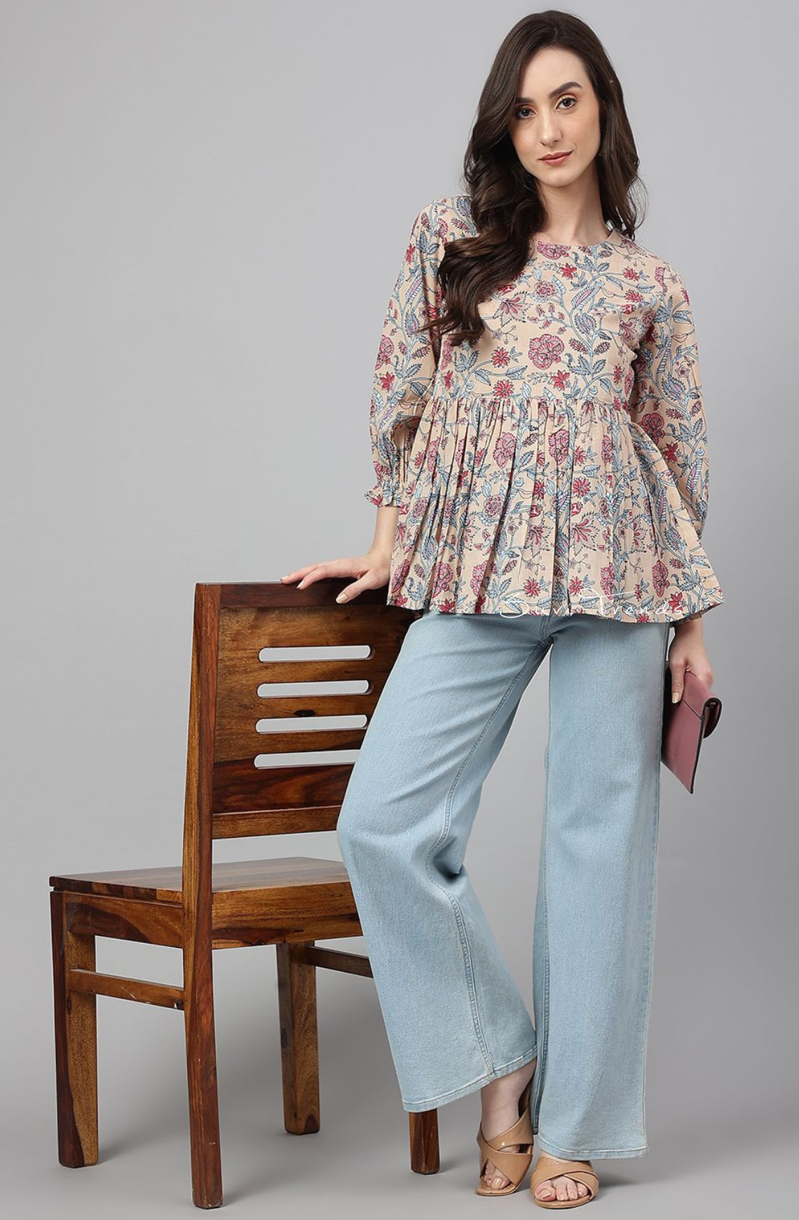 Pure Cotton Floral Printed Peplum Top - Beige