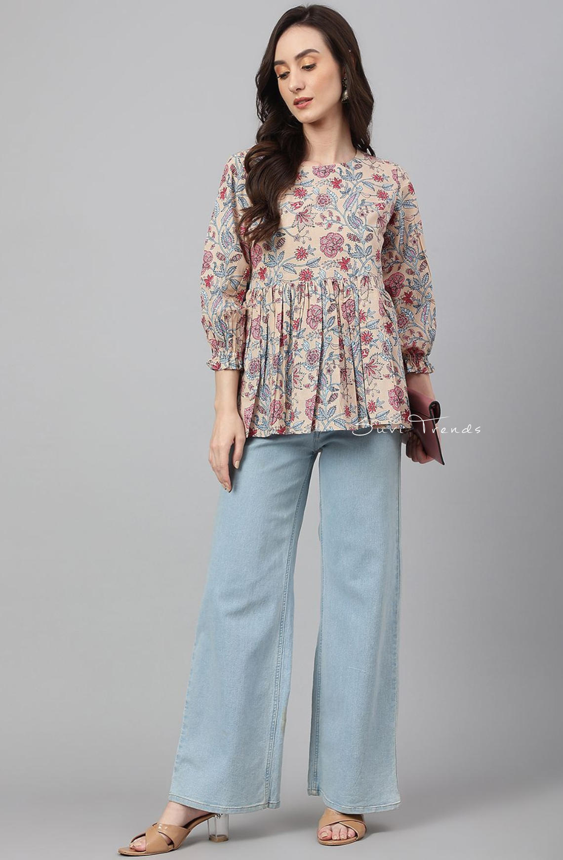 Pure Cotton Floral Printed Peplum Top - Beige