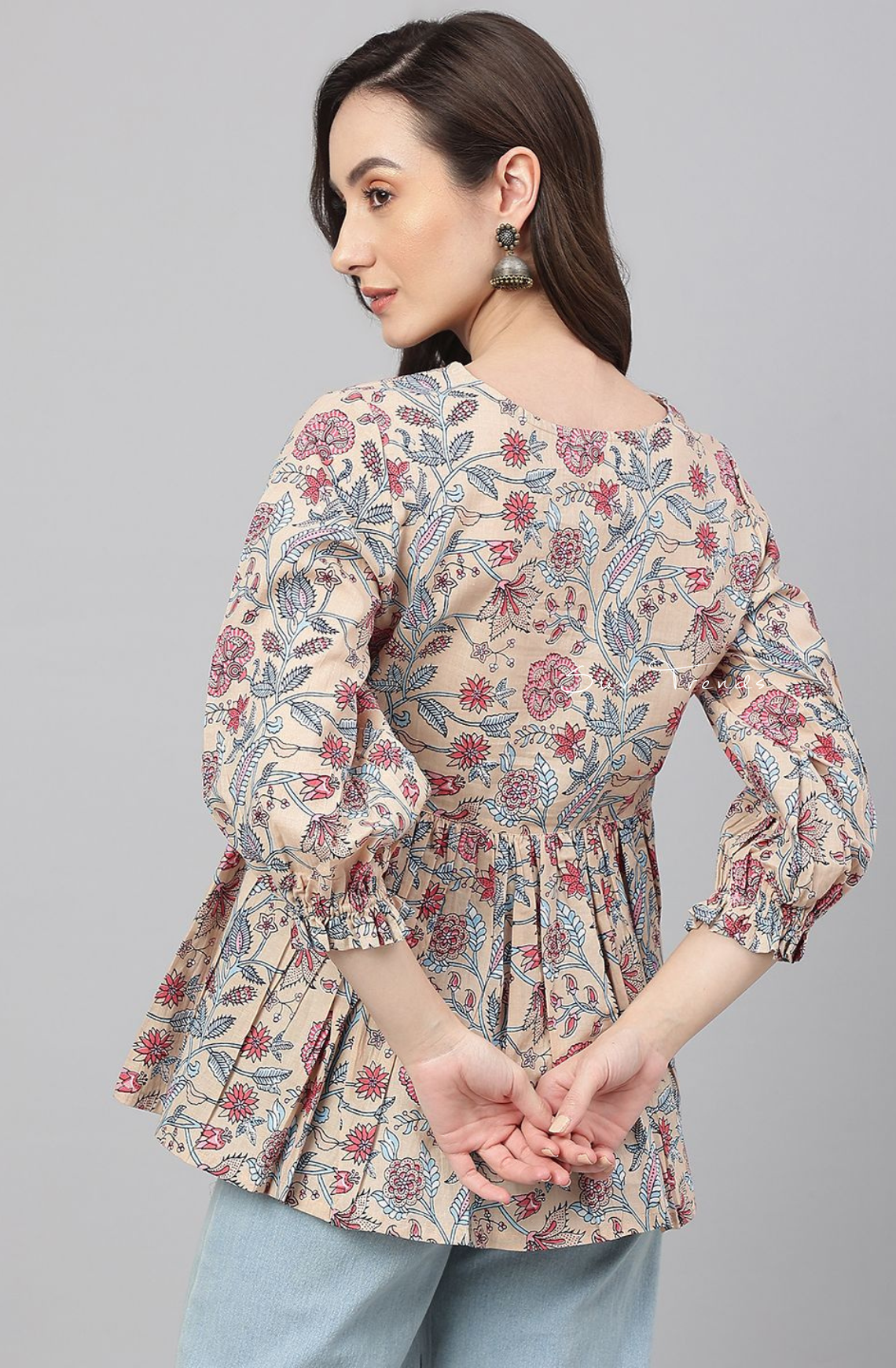 Pure Cotton Floral Printed Peplum Top - Beige