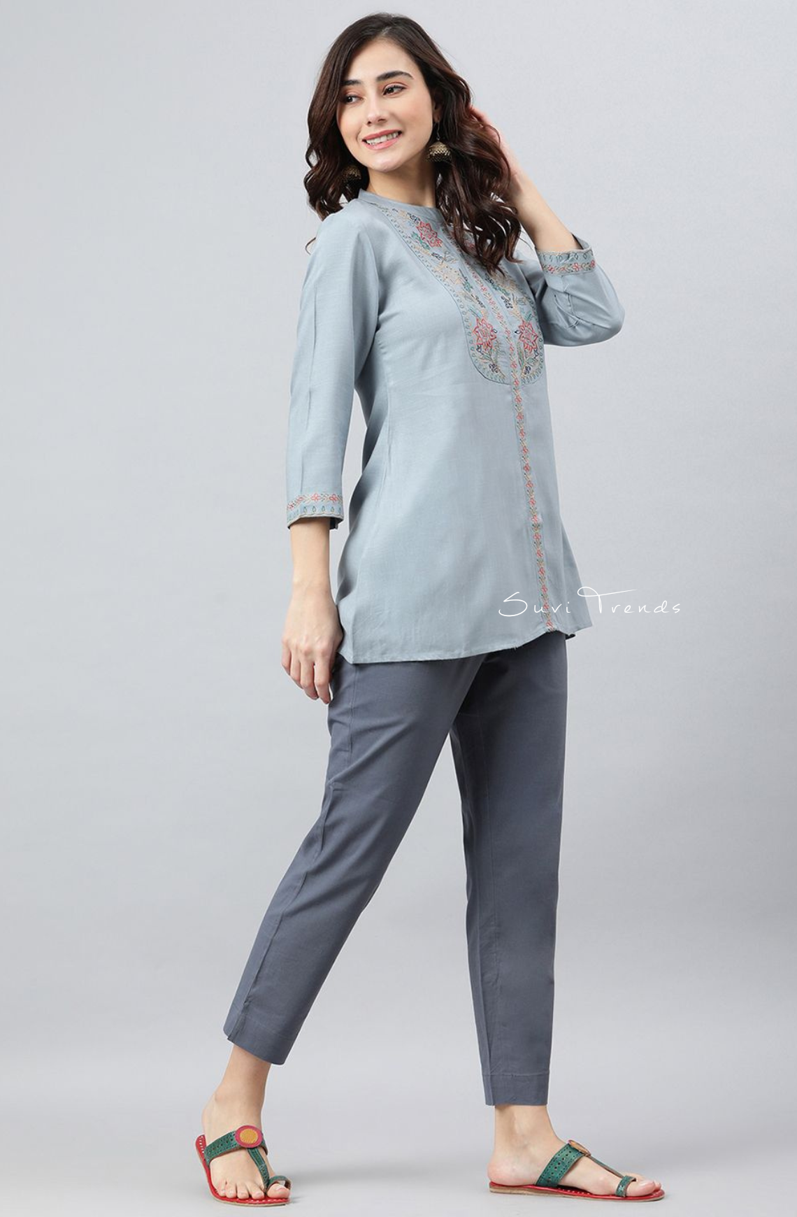 Floral Embroidered A-Line Top - Blue