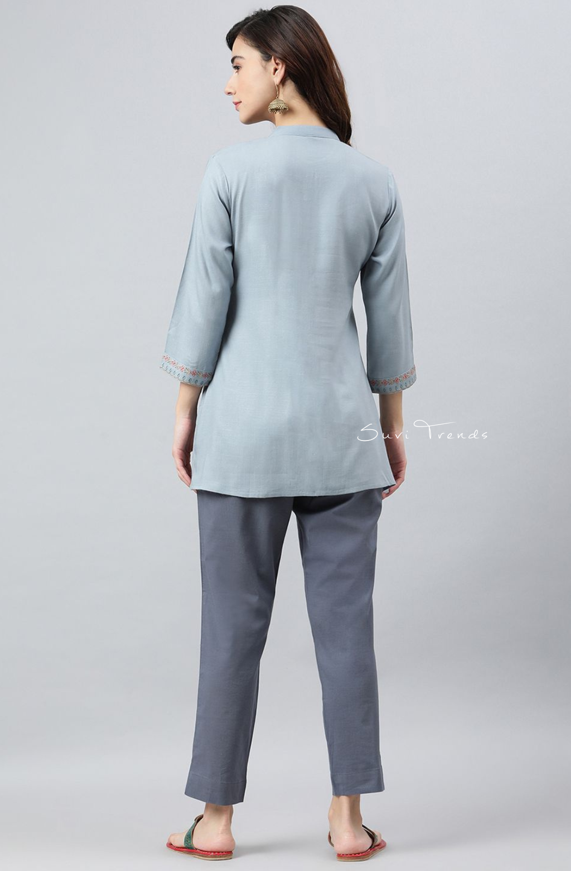 Floral Embroidered A-Line Top - Blue