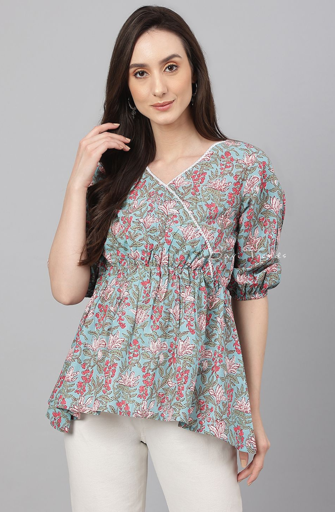 Pure Cotton Floral Printed Peplum Top - Aqua Blue