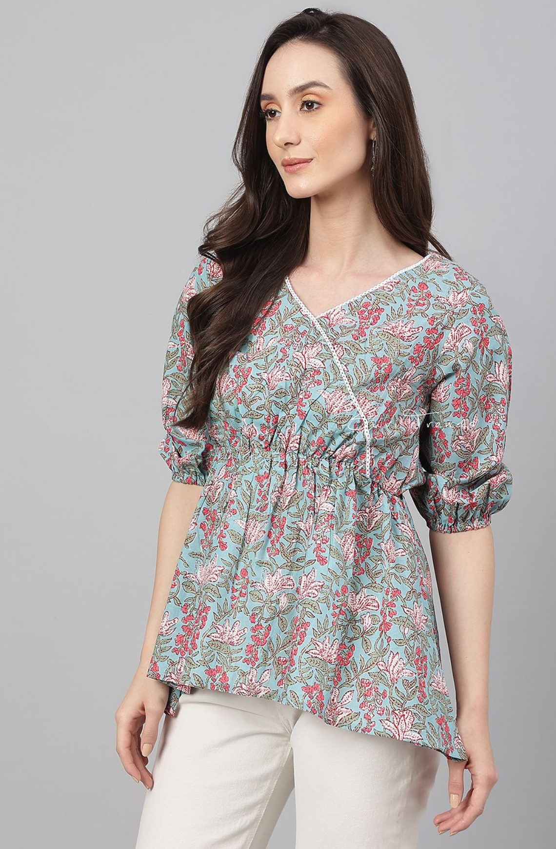 Pure Cotton Floral Printed Peplum Top - Aqua Blue
