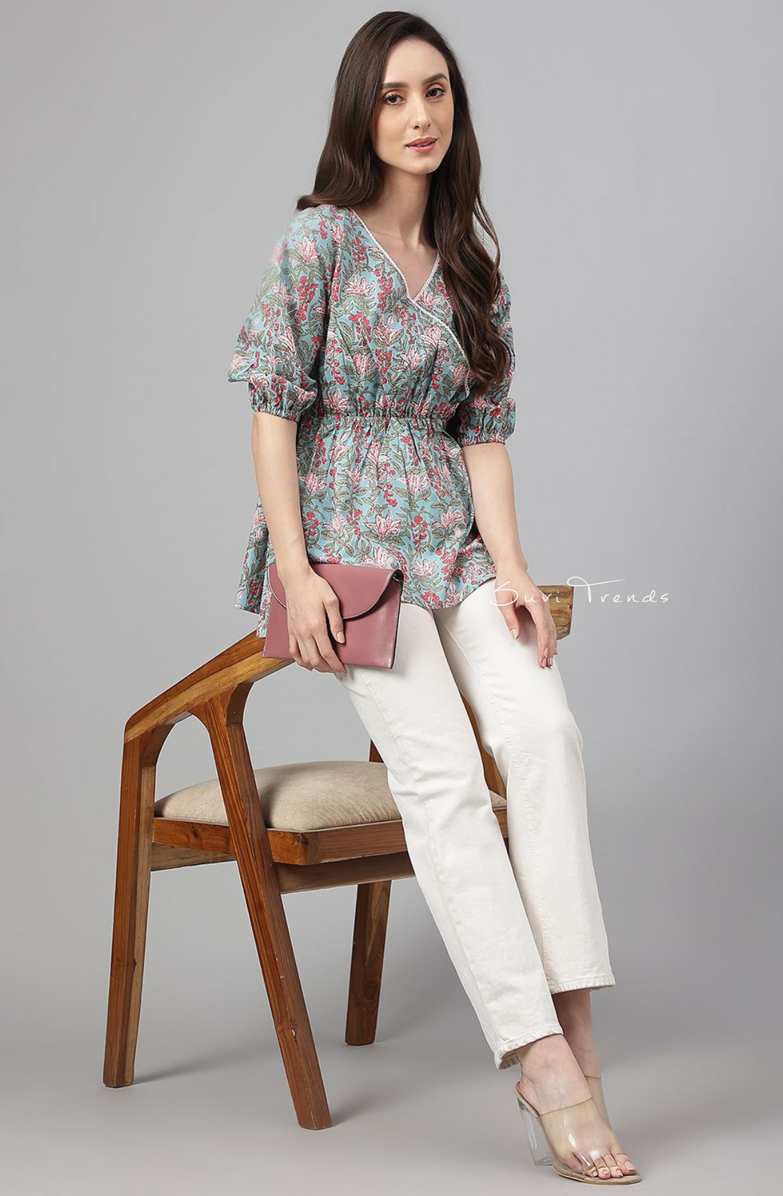Pure Cotton Floral Printed Peplum Top - Aqua Blue