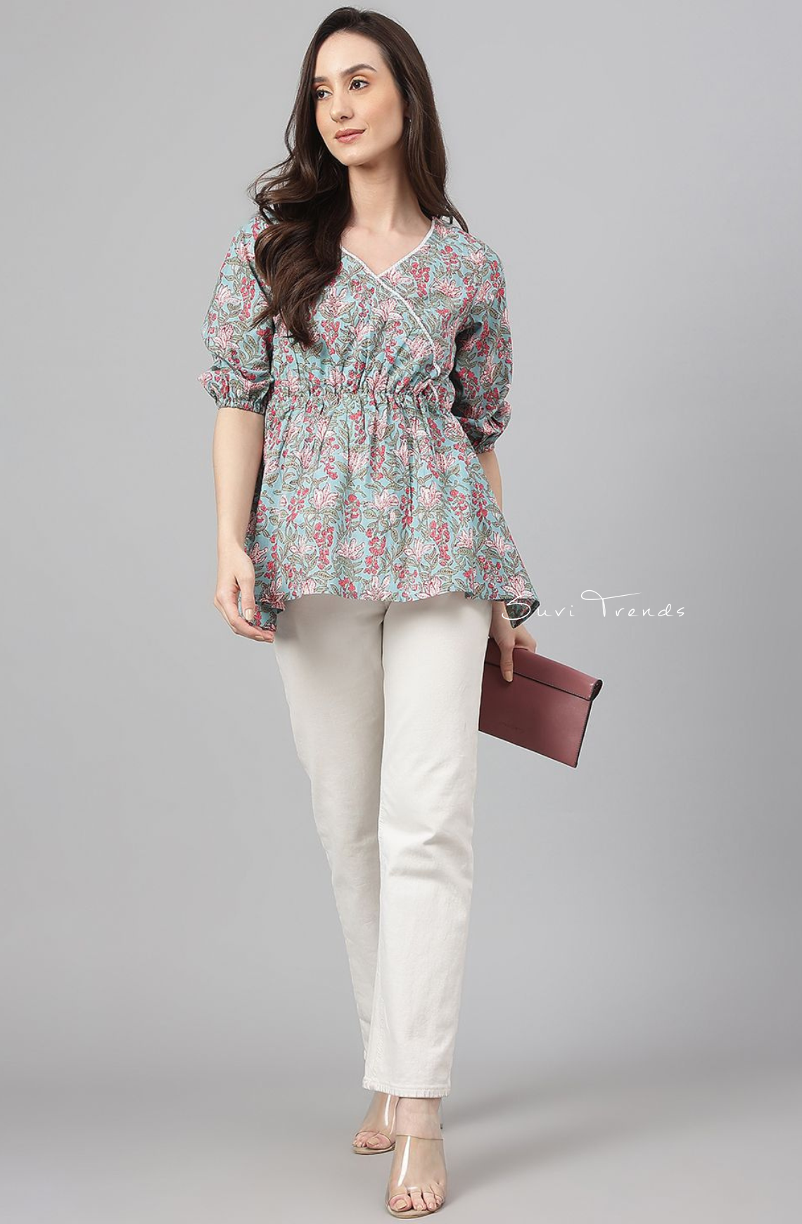 Pure Cotton Floral Printed Peplum Top - Aqua Blue
