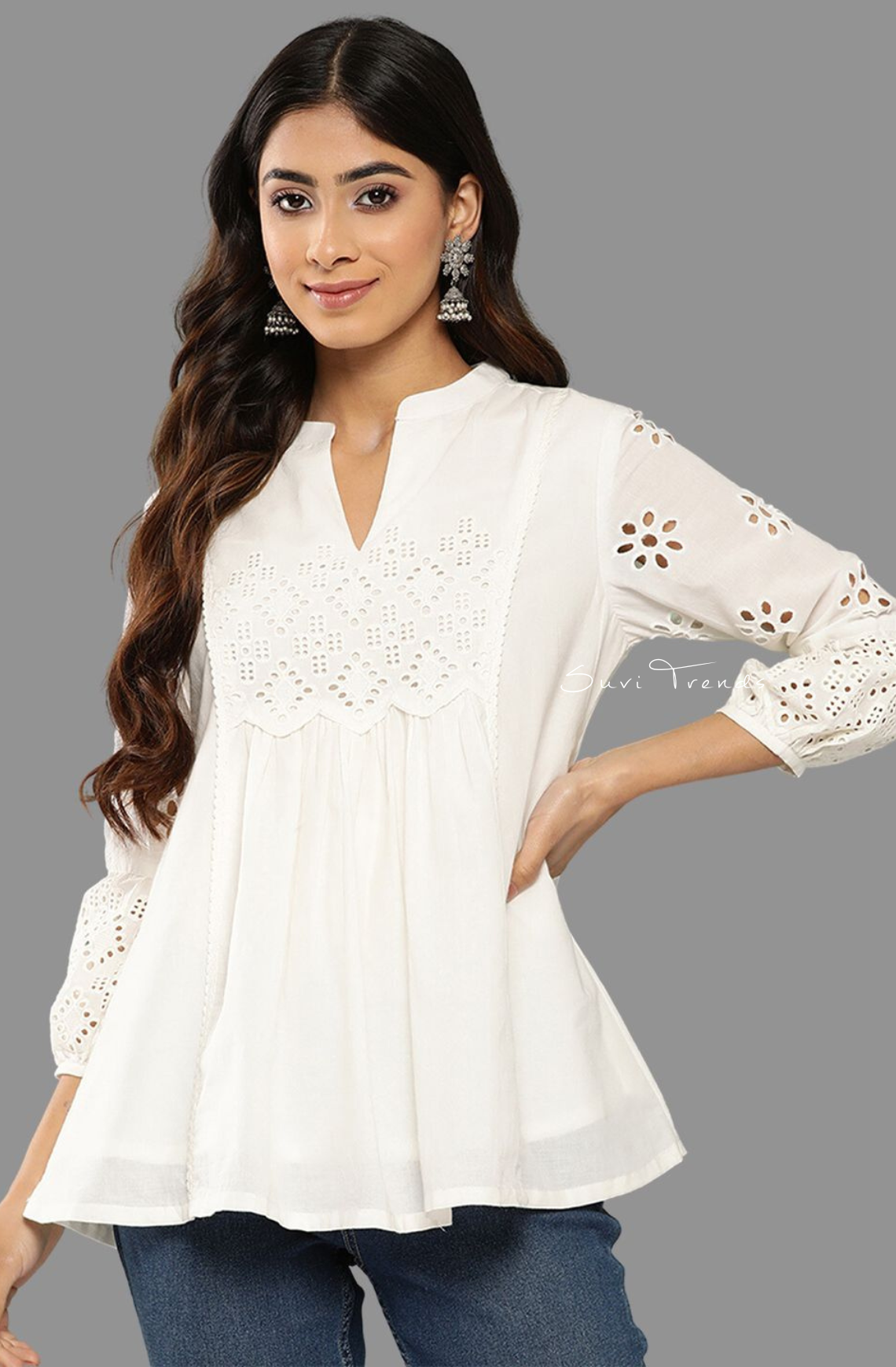 Pure Cotton Schiffli A-Line Top - White