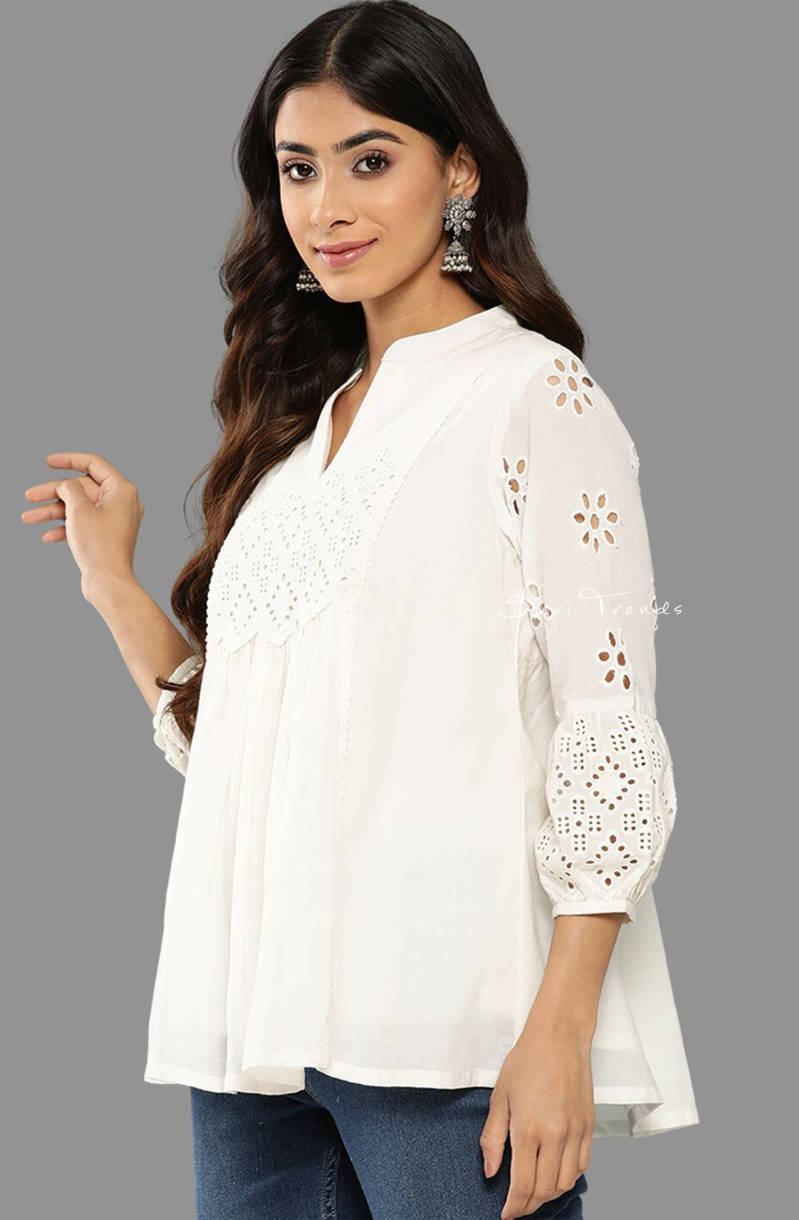 Pure Cotton Schiffli A-Line Top - White