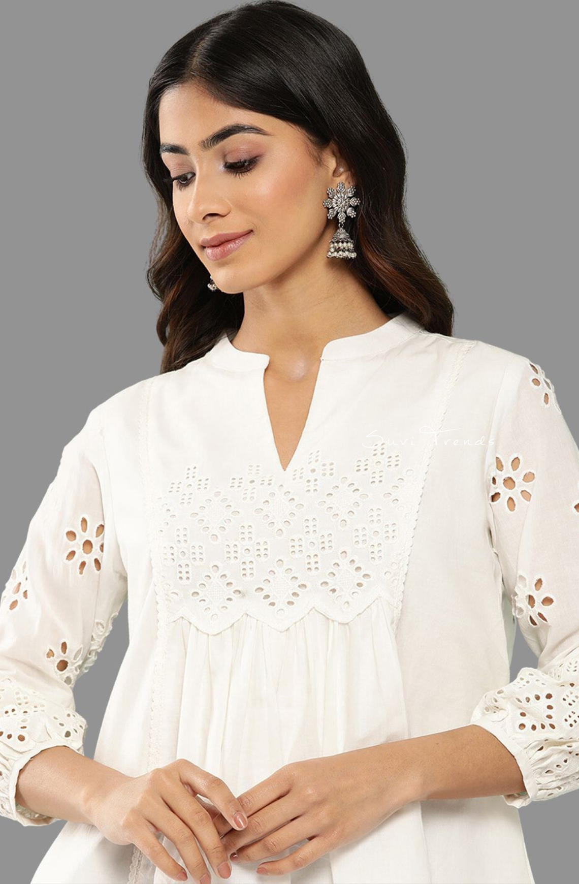 Pure Cotton Schiffli A-Line Top - White