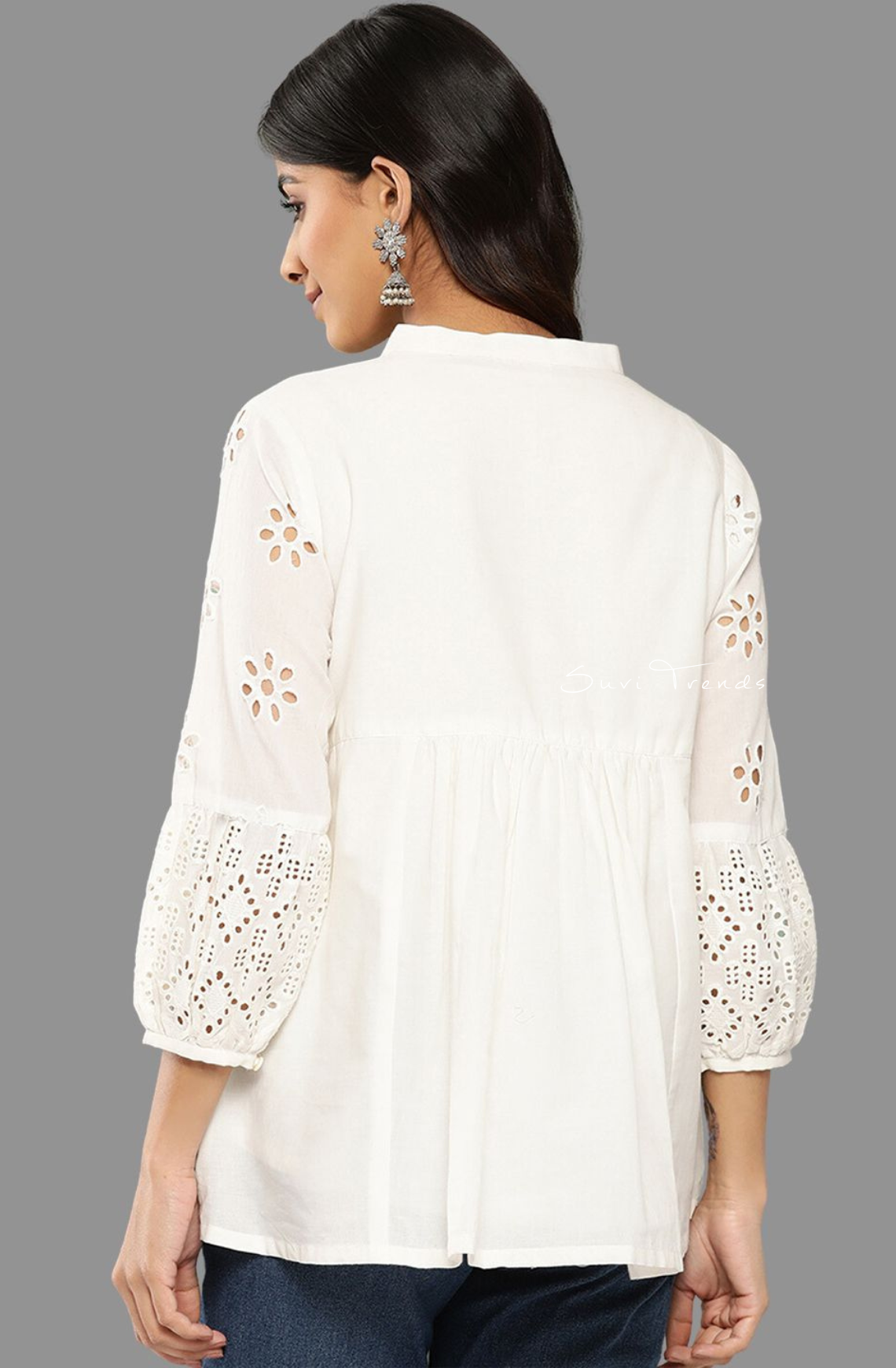 Pure Cotton Schiffli A-Line Top - White