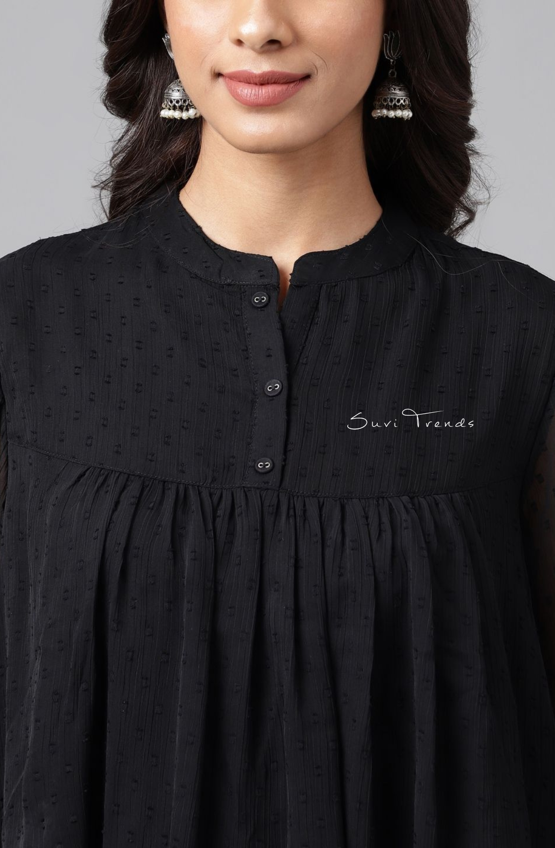 Dobby Chiffon Solid Empire Top - Black