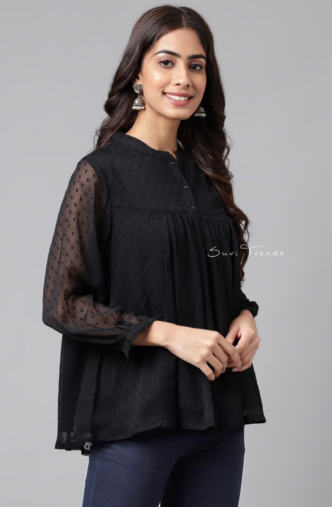 Dobby Chiffon Solid Empire Top - Black