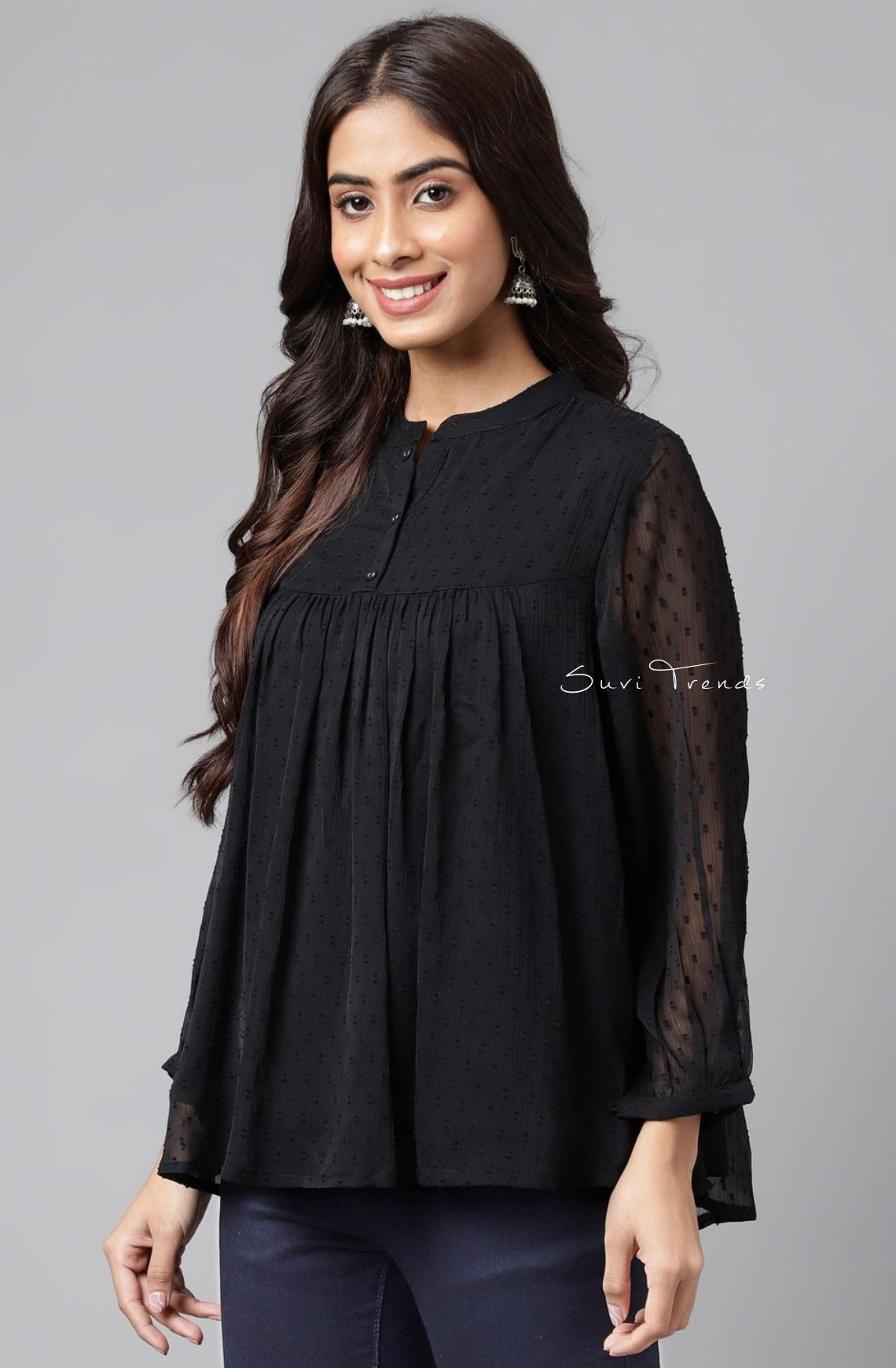 Dobby Chiffon Solid Empire Top - Black