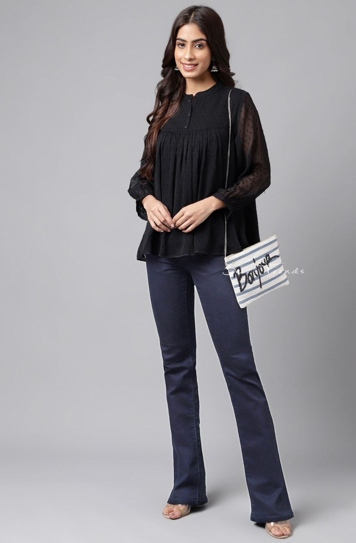 Dobby Chiffon Solid Empire Top - Black