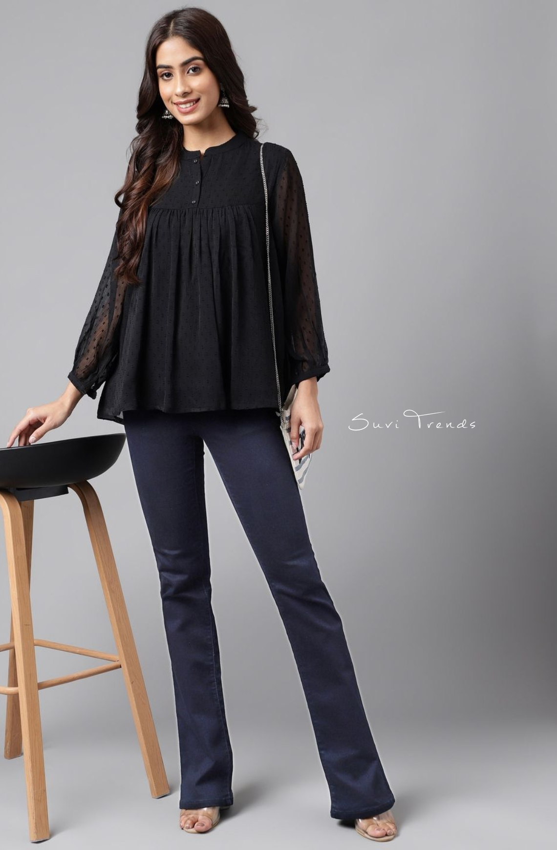 Dobby Chiffon Solid Empire Top - Black