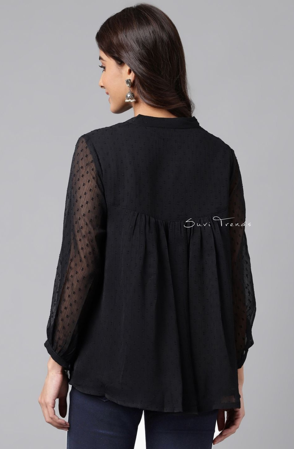 Dobby Chiffon Solid Empire Top - Black