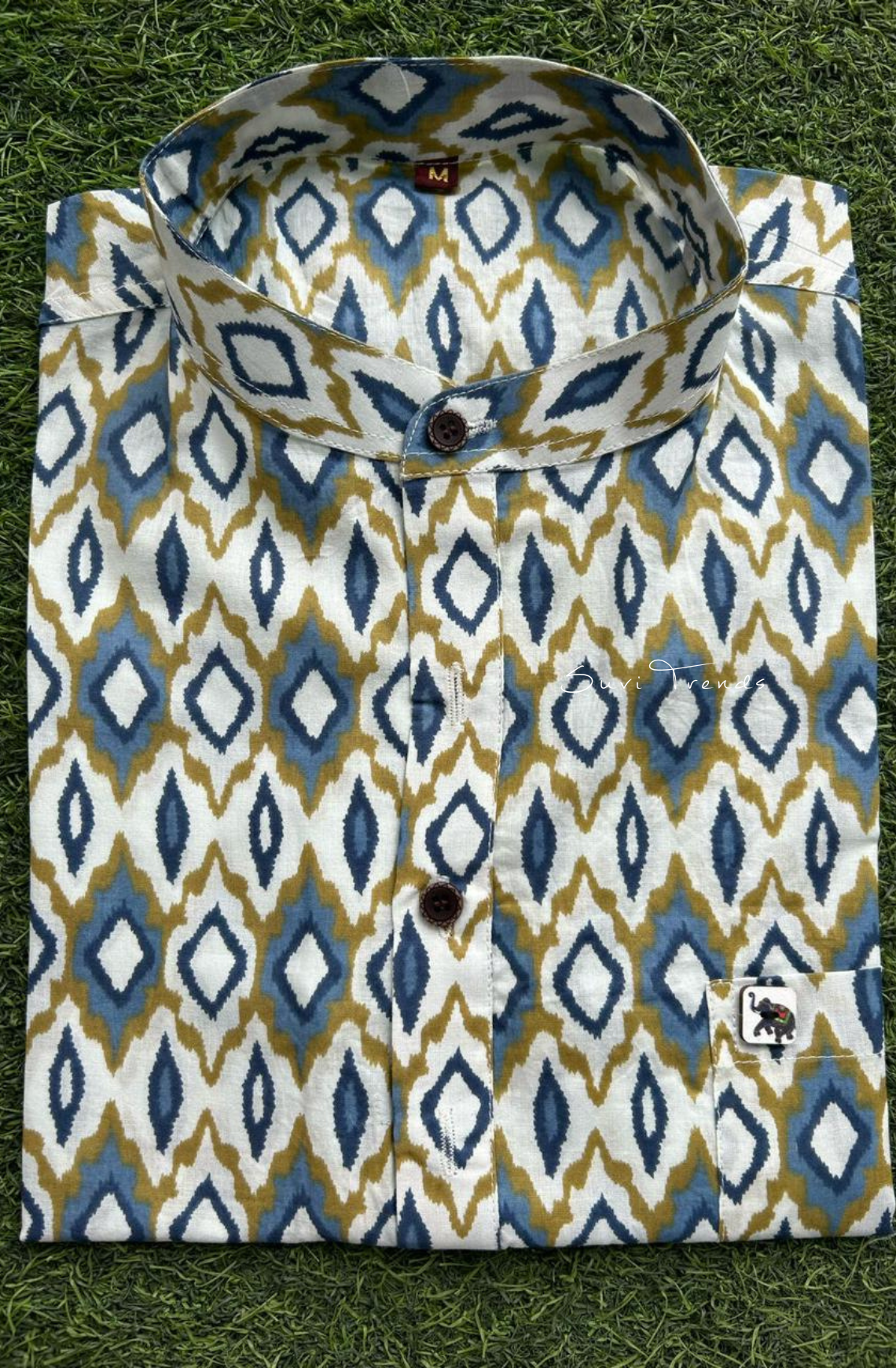 Men's Geometric Printed Half Kurta - White