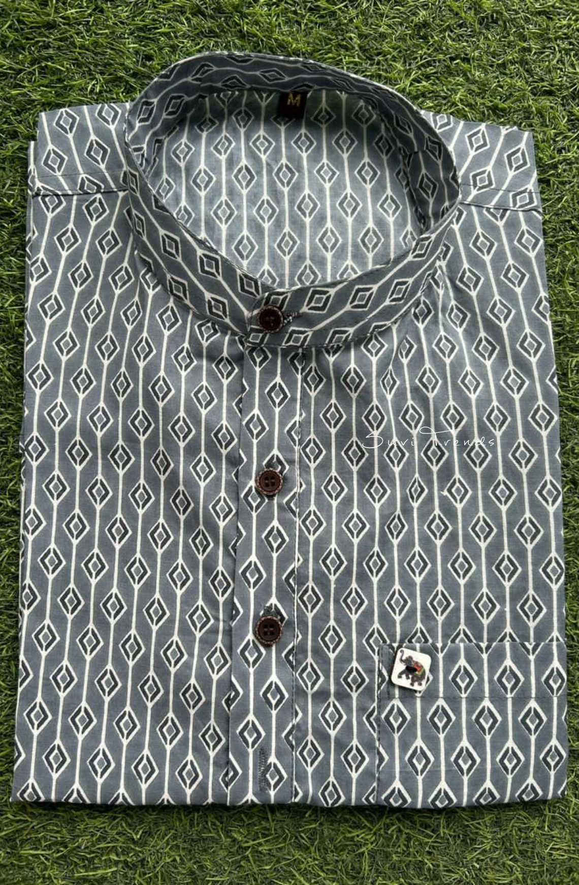 Men's Geometric Printed Half Kurta - Grey